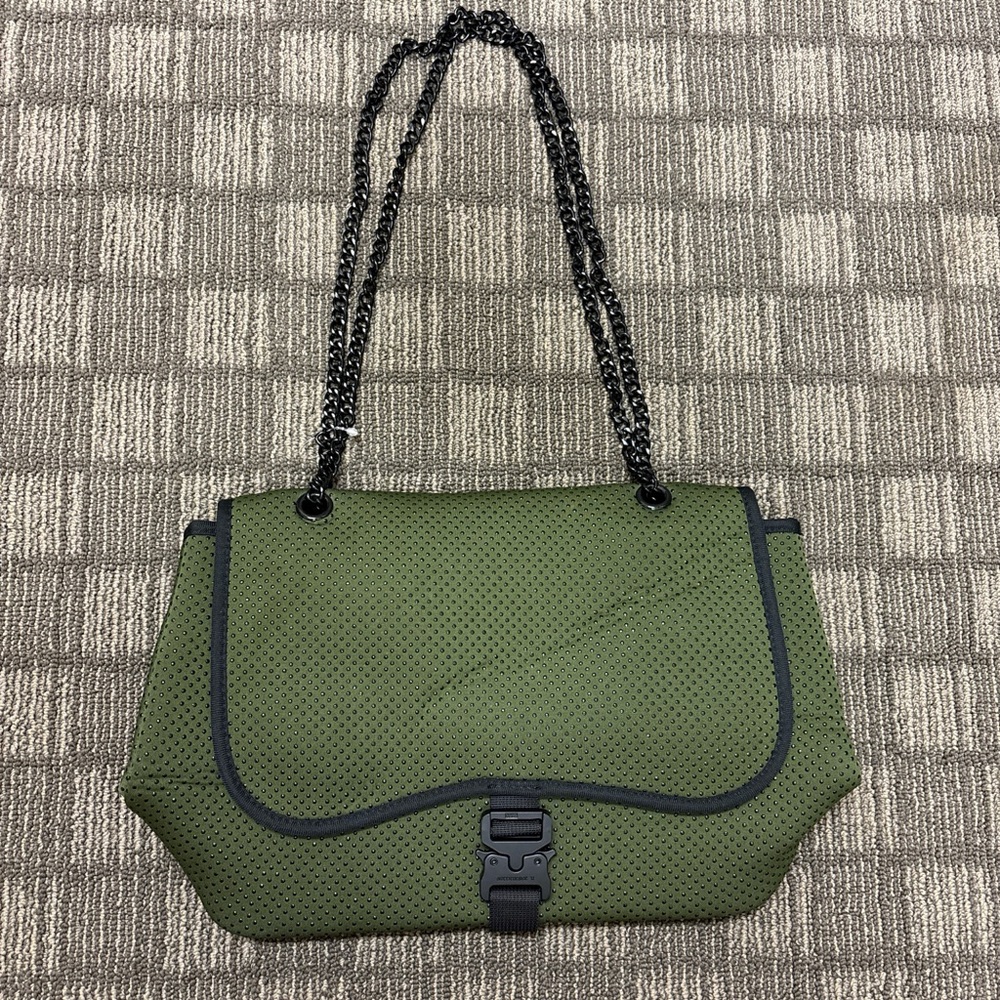 Olive Green Perforated Chain-strap Crossbody Tote